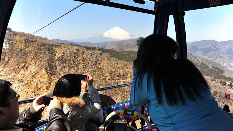 Taking a picture of Mt Fuji from a cable car